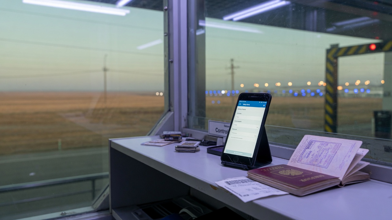 Паспорт и смартфон с формой электронного разрешения у стойки авиаконтроля, Казахстан