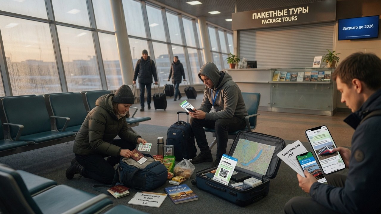 Путешественники самостоятельно оформляют поездку в аэропорту на фоне пустой стойки туроператора — рост поездок и спад пакетных туров в 2026 году